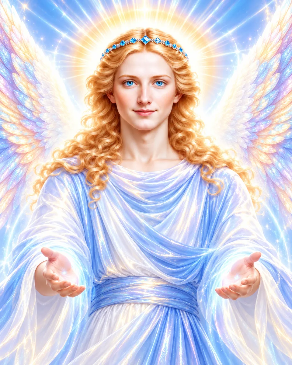 Representación del Arcángel Miguel con vestidura azul y blanca, alas luminosas y manos extendidas